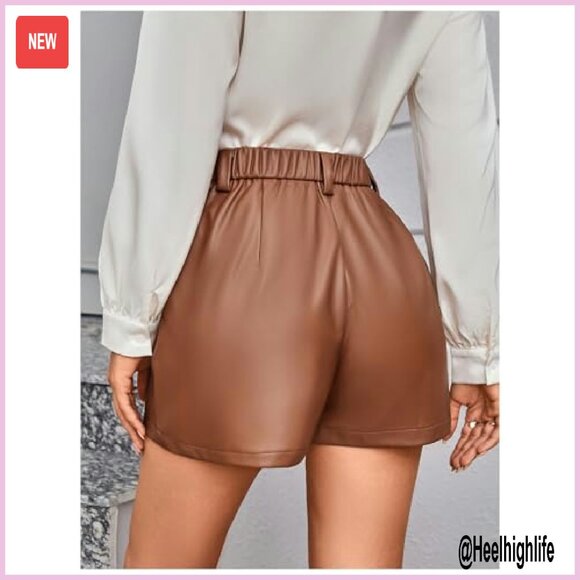 PU Leather High Waisted Wide Leg Dressy Shorts with Pocket - Picture 3 of 6